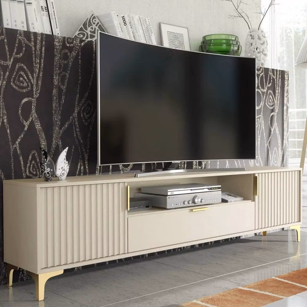 FORGEVIO Modern Beige Metal TV Unit and Storage Cabinet with Media Compartments – 4