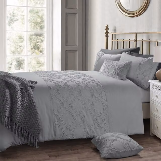 Velosso Shabby Chic Tuft Panel Duvet Set and Pillowcase in Grey, W: 180 cm, D: 200 cm