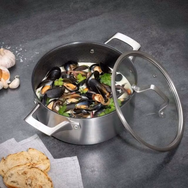 Hairy Bikers Hex Guard Non Stick Stainless Steel Casserole Stock Pot with Glass Lid, Silver, 24cm, 4L