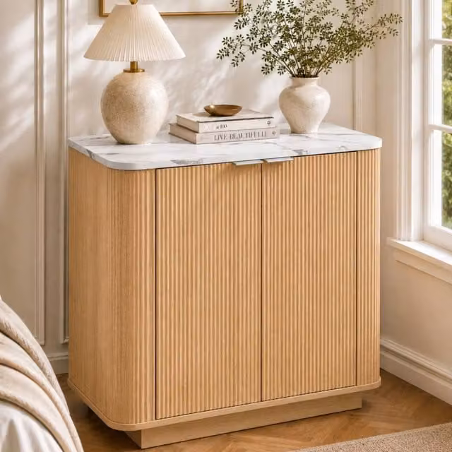 Merax 2 Door Sideboard with Marble Effect Top in Light Oak