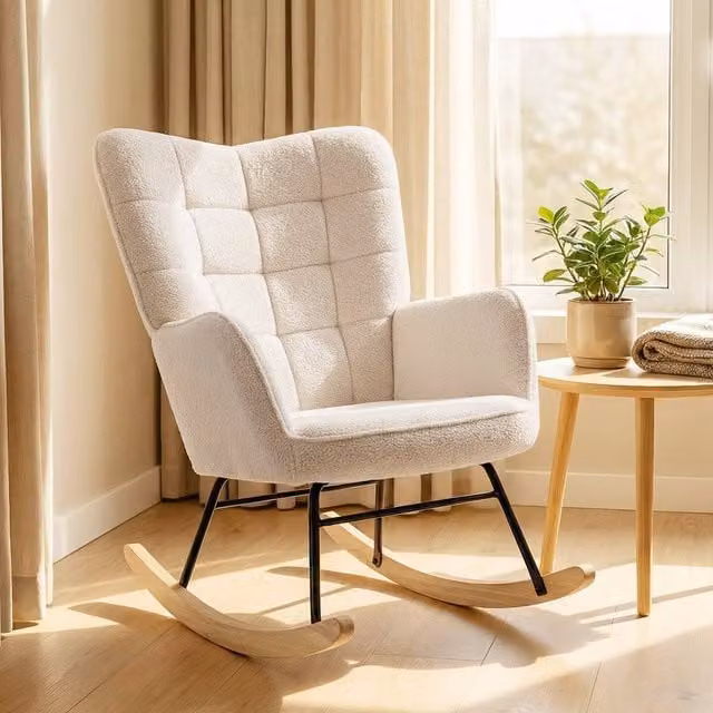 EONLION Beige Bouclé Fabric Nursing Rocking Chair with Armrests