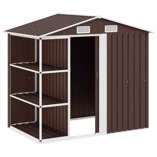 vidaXL Metal Garden Shed with Shelving, Brown, W: 205 cm, D: 130 cm, H: 183 cm