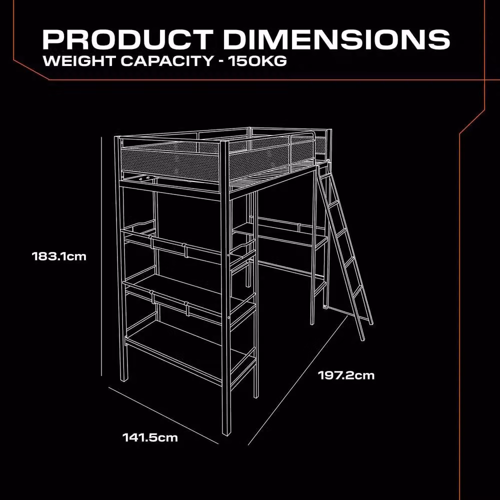 X Rocker Fortress High Sleeper Bunk Bed in Black with Side Compartments and Bedside Shelf, W/D/H: 90 x 200 x 183.1 cm – 4