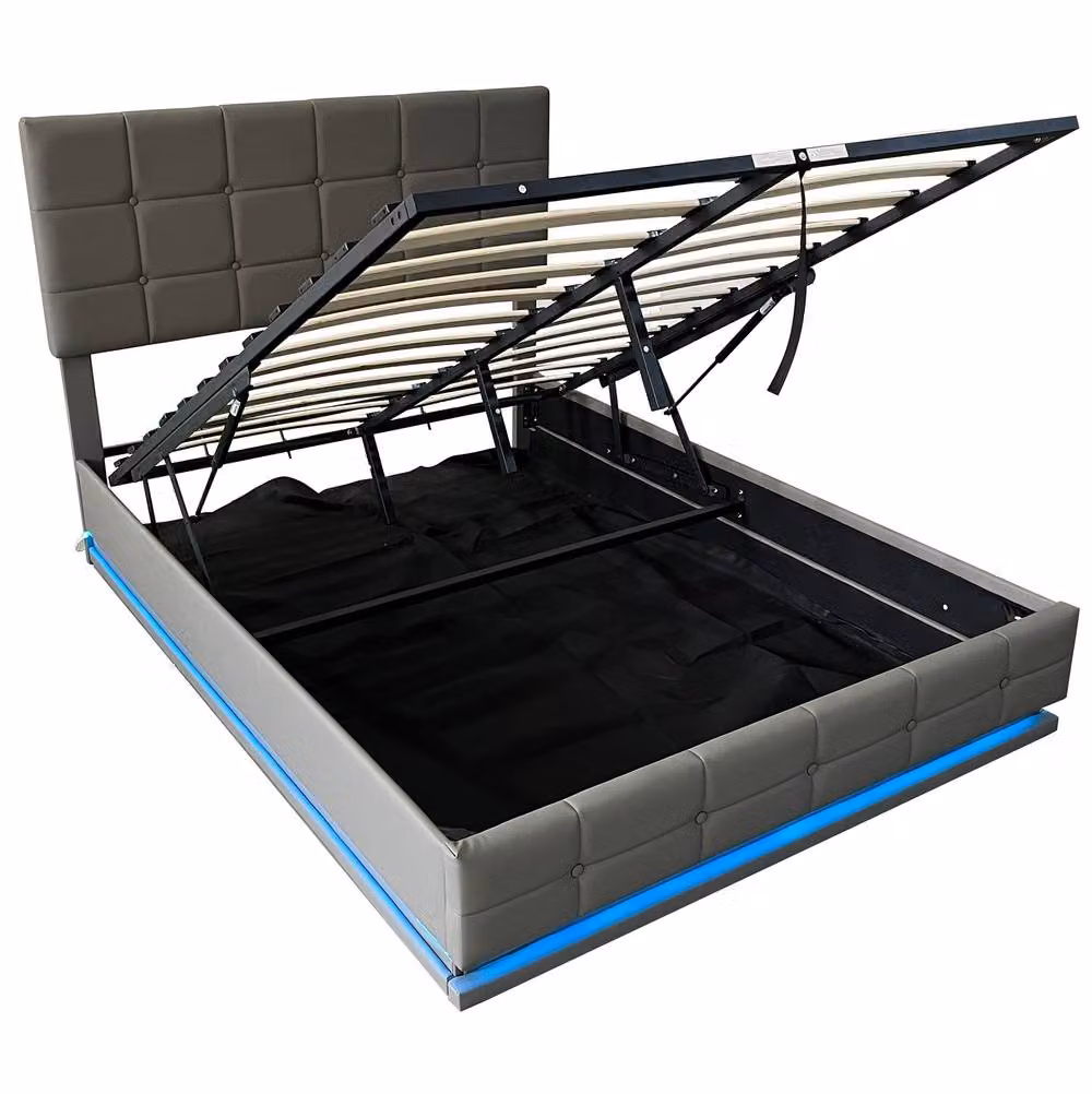 STILVORA Double Ottoman Bed with LED Under-Bed Lighting and Storage in Grey, W/D/H: 140 x 200 x 29 cm – 5