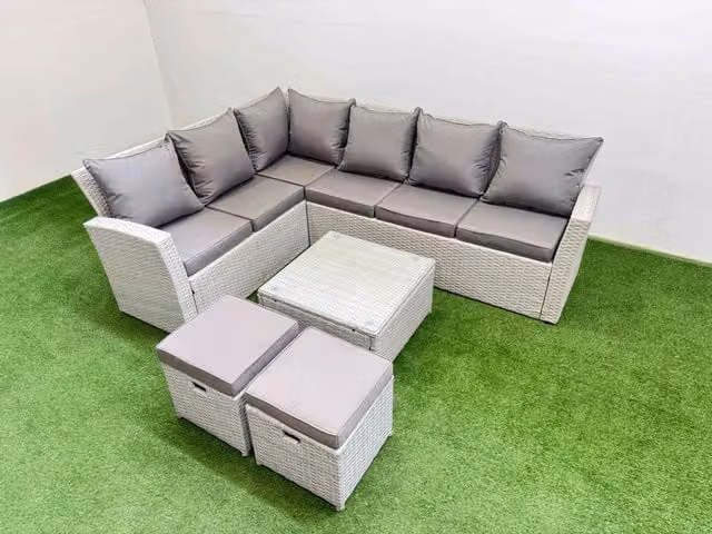 Fimous 8 Seater L-Shape Garden Corner Sofa Set with Coffee Table and 2 Ottomans in Light Grey