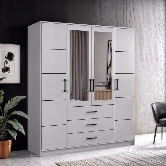 Sliding Wardrobes 4U Modern Four Door Hinged Wardrobe with Mirror in Grey, W/H: 200 x 200 cm