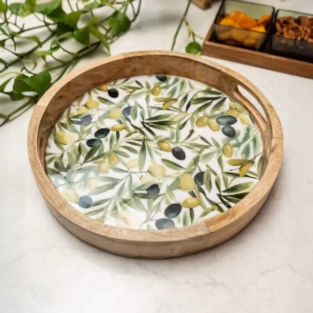 Madison & Mayfair Rustic Mango Wood Round Tray with Olive Enamel Design in Brown, Diameter: 30 cm – 1