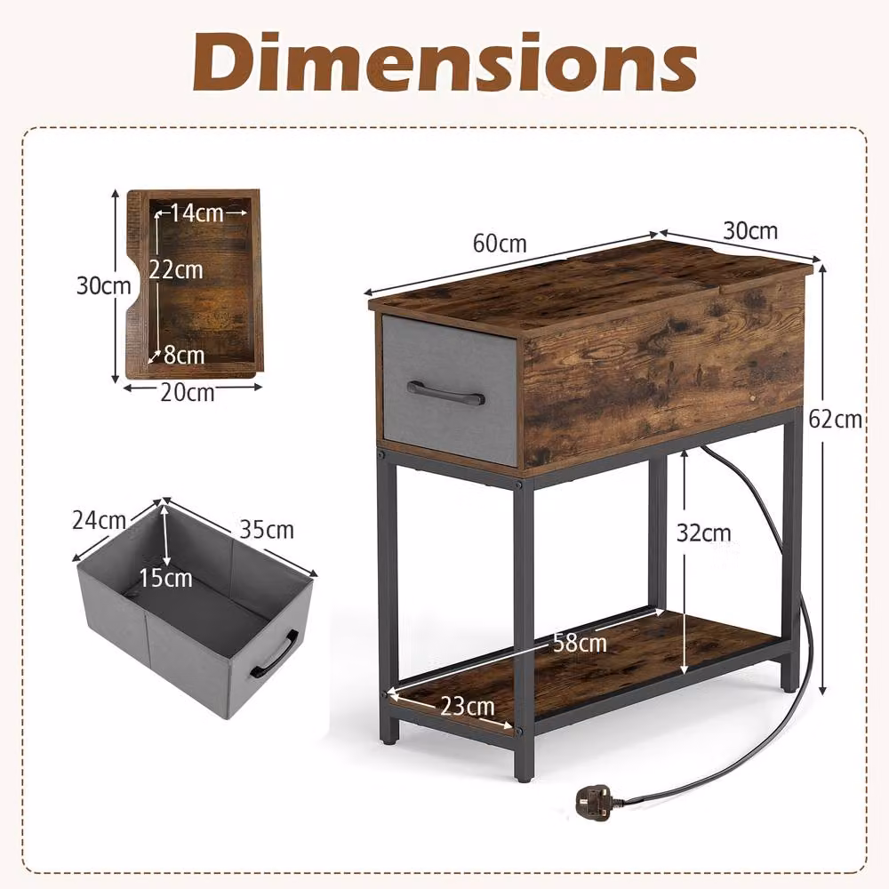 Costway Industrial Narrow Side Table with Charging Station and Drawer in Brown – 2