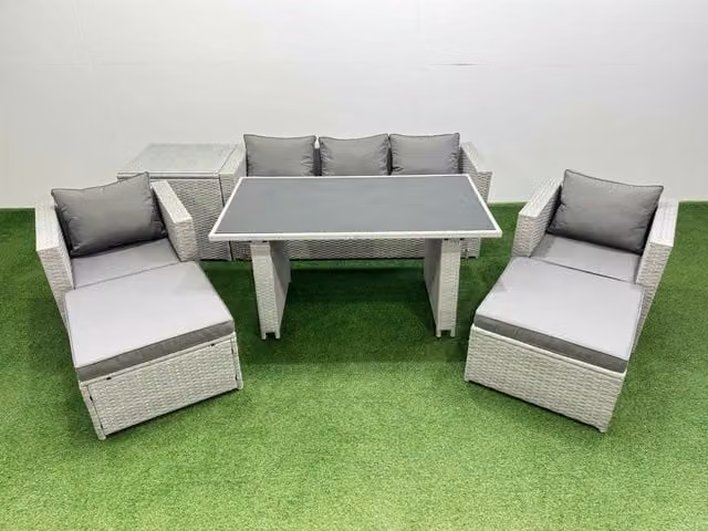 Fimous Modern Patio Garden Furniture Set with Black Glass Top Dining Table and Light Grey Armchairs