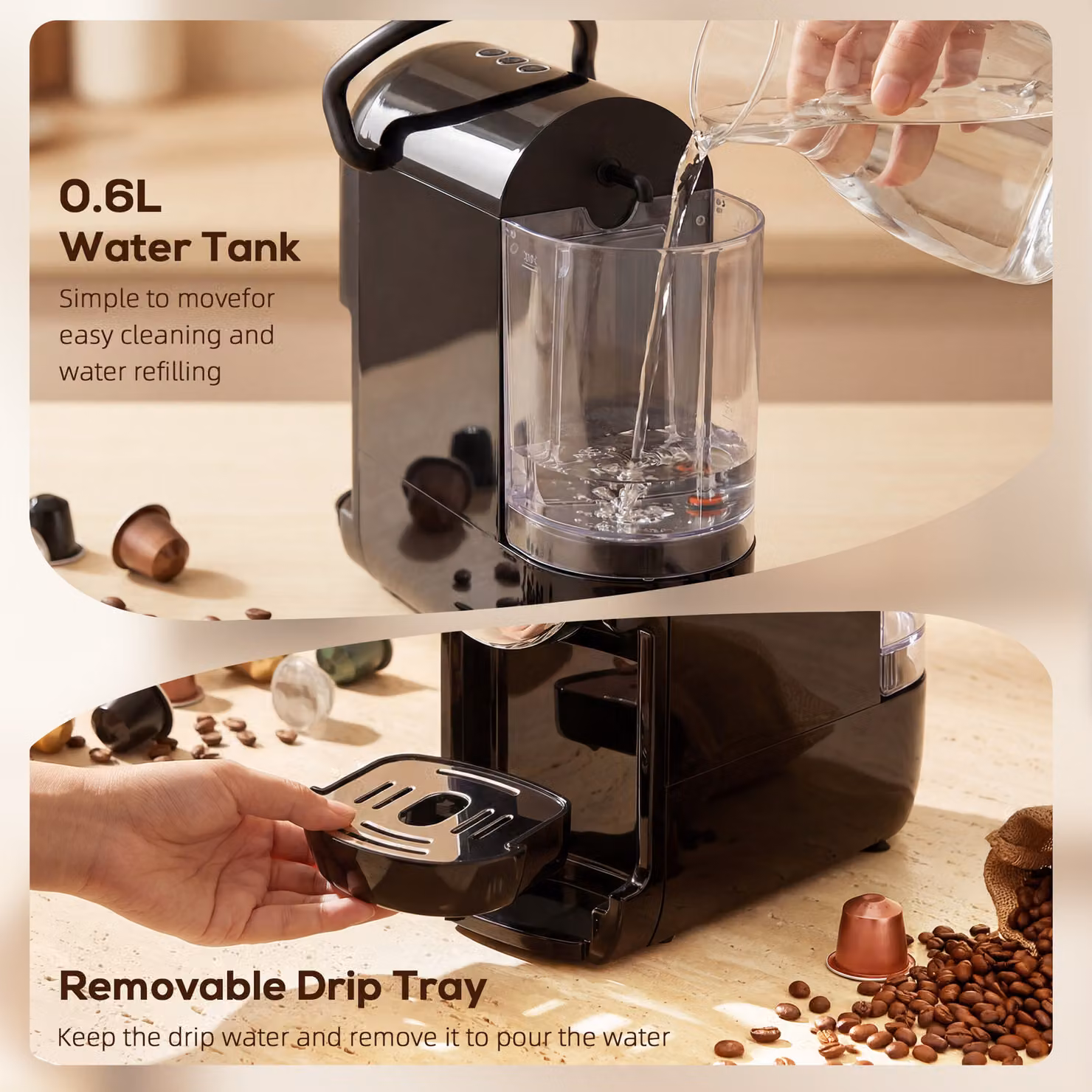 HOMCOM Black Semi Automatic Pod Coffee Machine for Nespresso, Dolce Gusto Capsules and Ground Coffee with 19 Bar Pressure and 0.6 l Removable Tank – 7