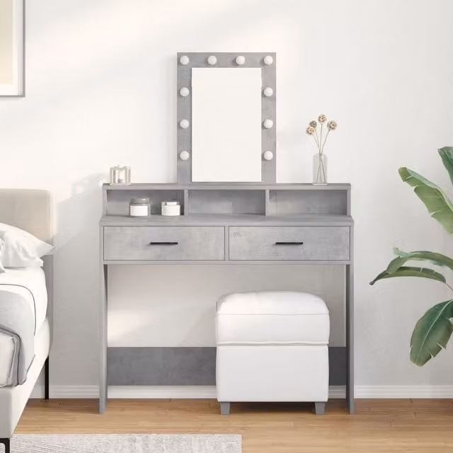 Berkfield Home Modern Dressing Table with Hollywood LED Lights in Grey, W/D/H: 100 x 41 x 140 cm
