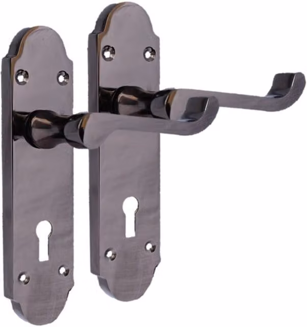 Betley Butterfly Epsom Victorian Scroll Lever Door Handle Lock with Long Backplate in Black Nickel
