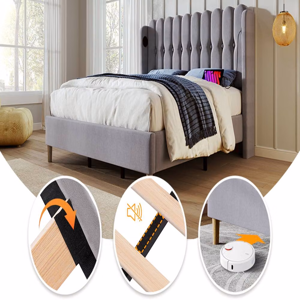 Rolipo Grey Linen Upholstered Double Bed Frame with USB Charging Ports, W/D/H: 140 x 200 cm – 2
