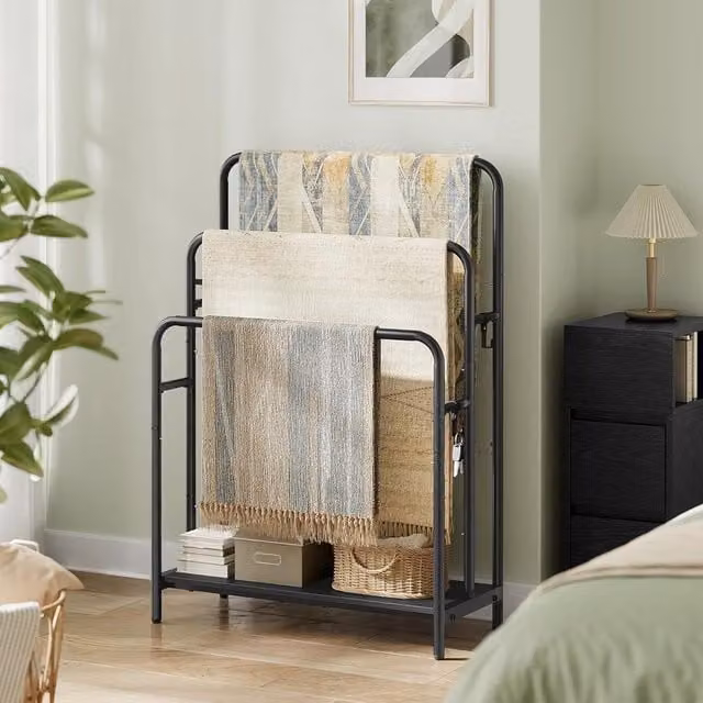 SONGMICS Large Freestanding 3-Bar Towel Rack with 2 Hooks and Storage Shelf in Matt Black