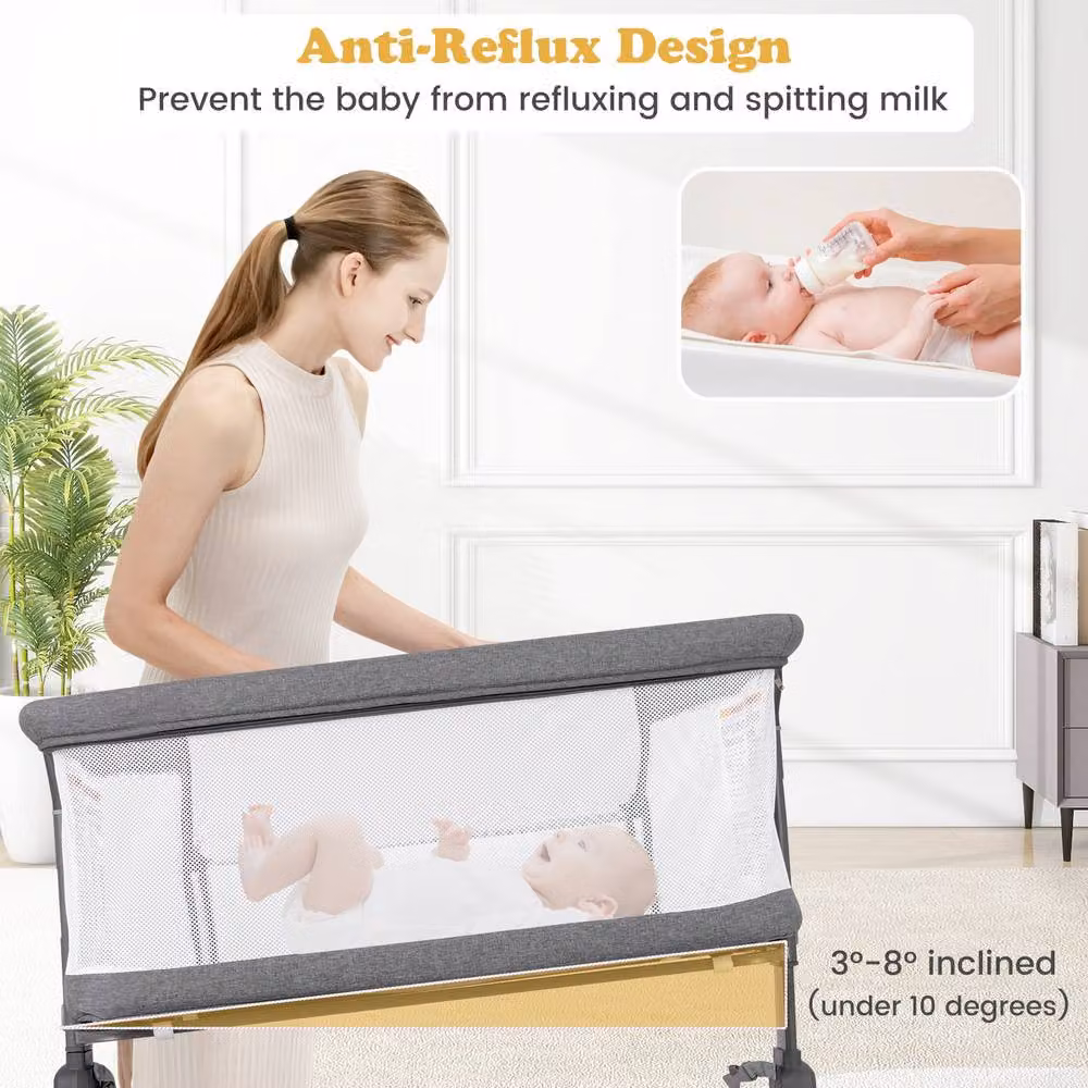 Gymax Adjustable Height Folding Bedside Crib Bassinet in Grey – 4
