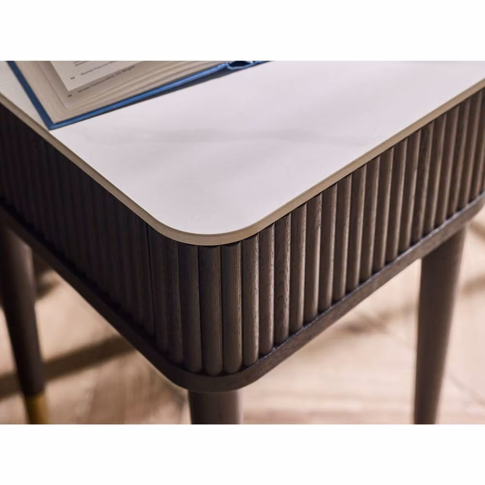 Cheshire Fluted Stone Top Lamp Table with Drawer in White Marble and Black – 6