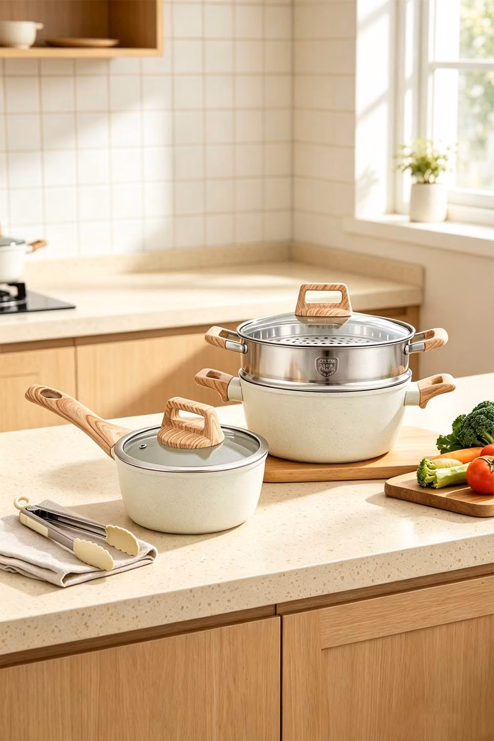 ExtraStar 12 Piece Nonstick Cookware Set with Lids in Beige – 2