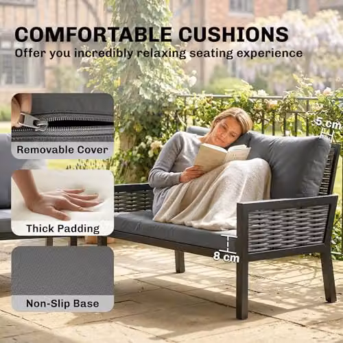 Outsunny 4 Seater Rattan Garden Furniture Set in Grey with Coffee Table, 2 Seater Sofa, and Lounge Armchairs – 4