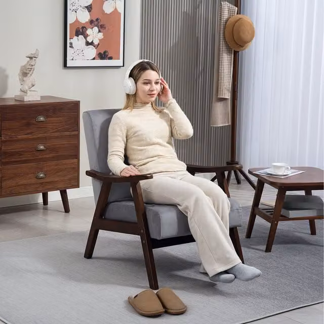HOMCOM Grey Velvet Armchair with Solid Rubberwood Frame and Padded Foam Seating