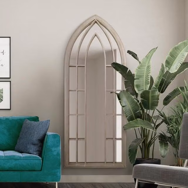 MirrorOutlet The Somerley Extra Large Rustic Framed Arched Gothic Mirror in Stone/Beige, Height: 190 cm
