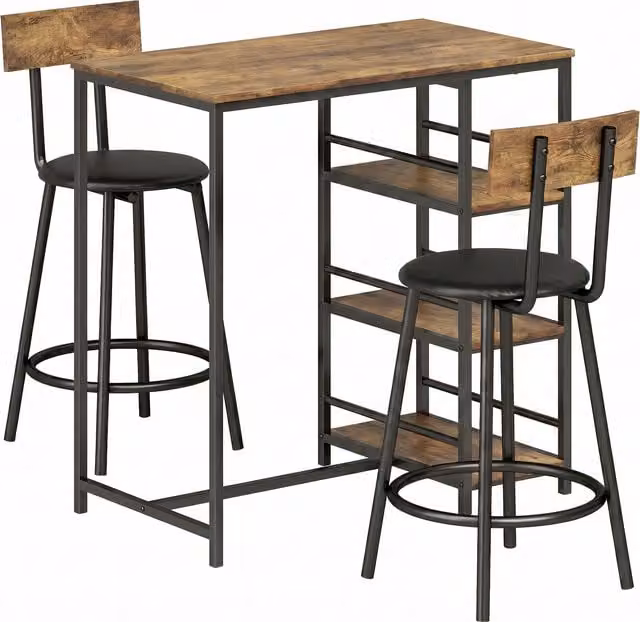 HOMCOM 3 Piece Breakfast Bar Table Set with Storage Shelves and PU Leather Stools in Rustic Brown
