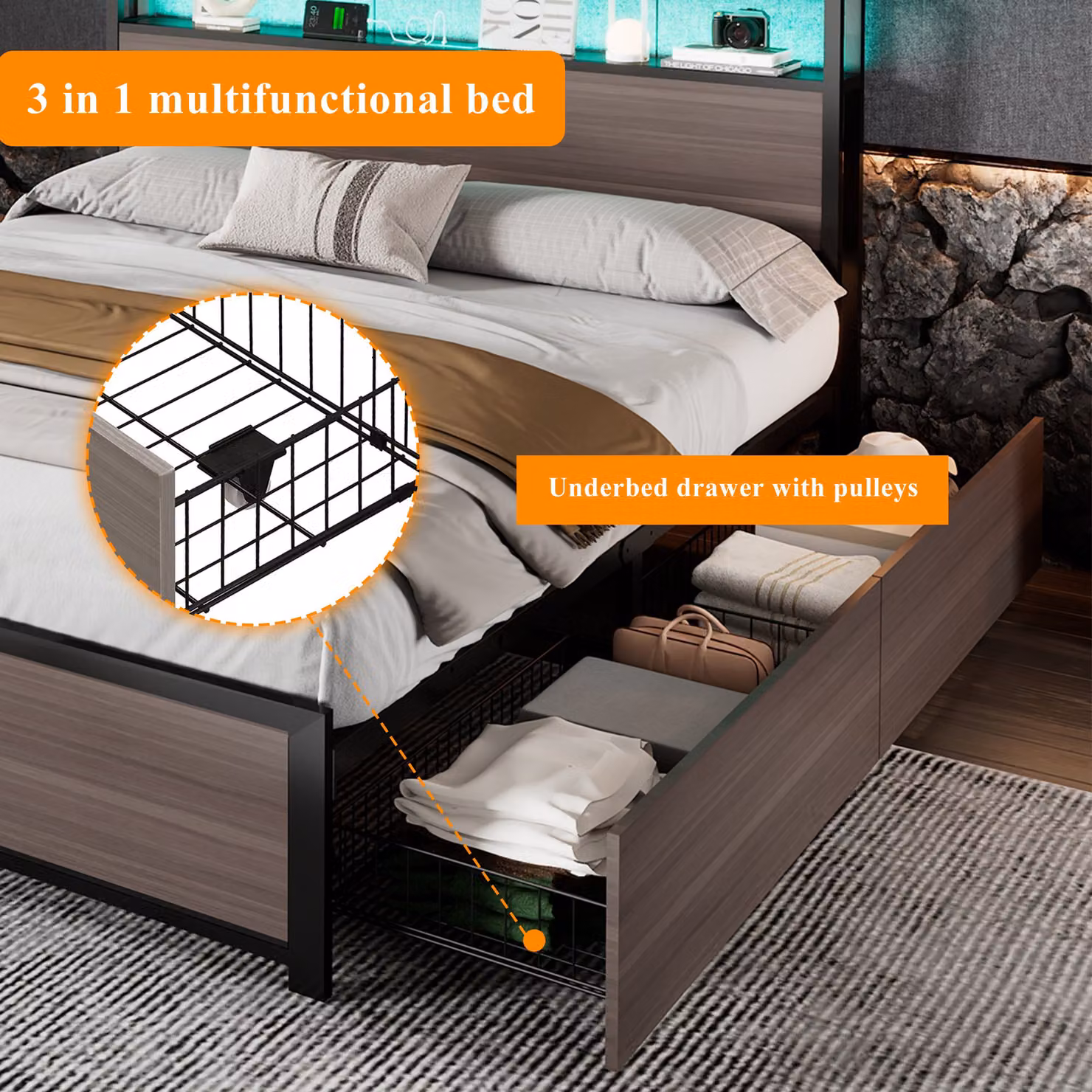 Aosom.UK Metal Double Bed with LED Light Strip, 4 Drawers and 3 USB Ports, Grey, W/D/H: 135.5 x 207 x 105 cm – 6