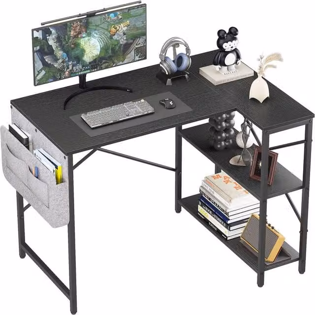 Huhote Modern L Shaped Corner Desk with 2 Shelves and Storage Bag in Black