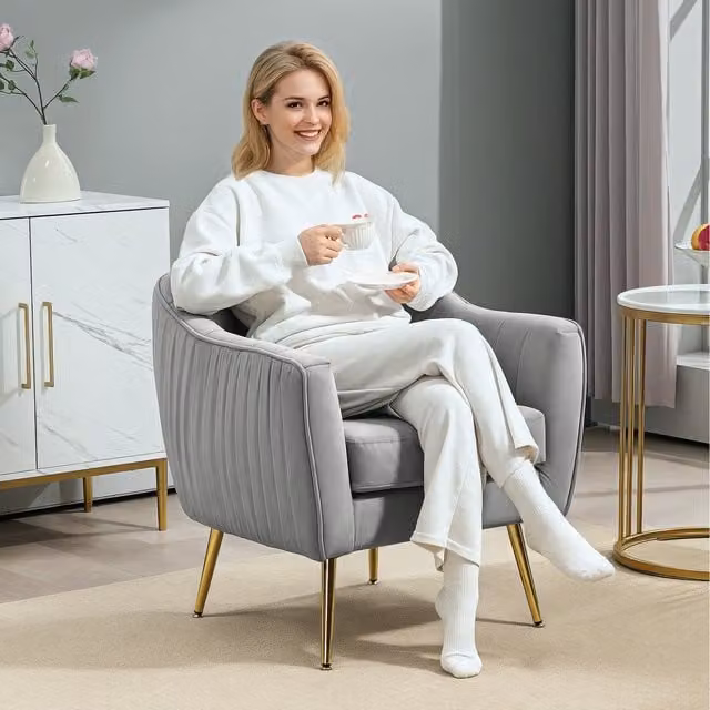 HOMCOM Grey Velvet Tub Armchair with Metal Legs