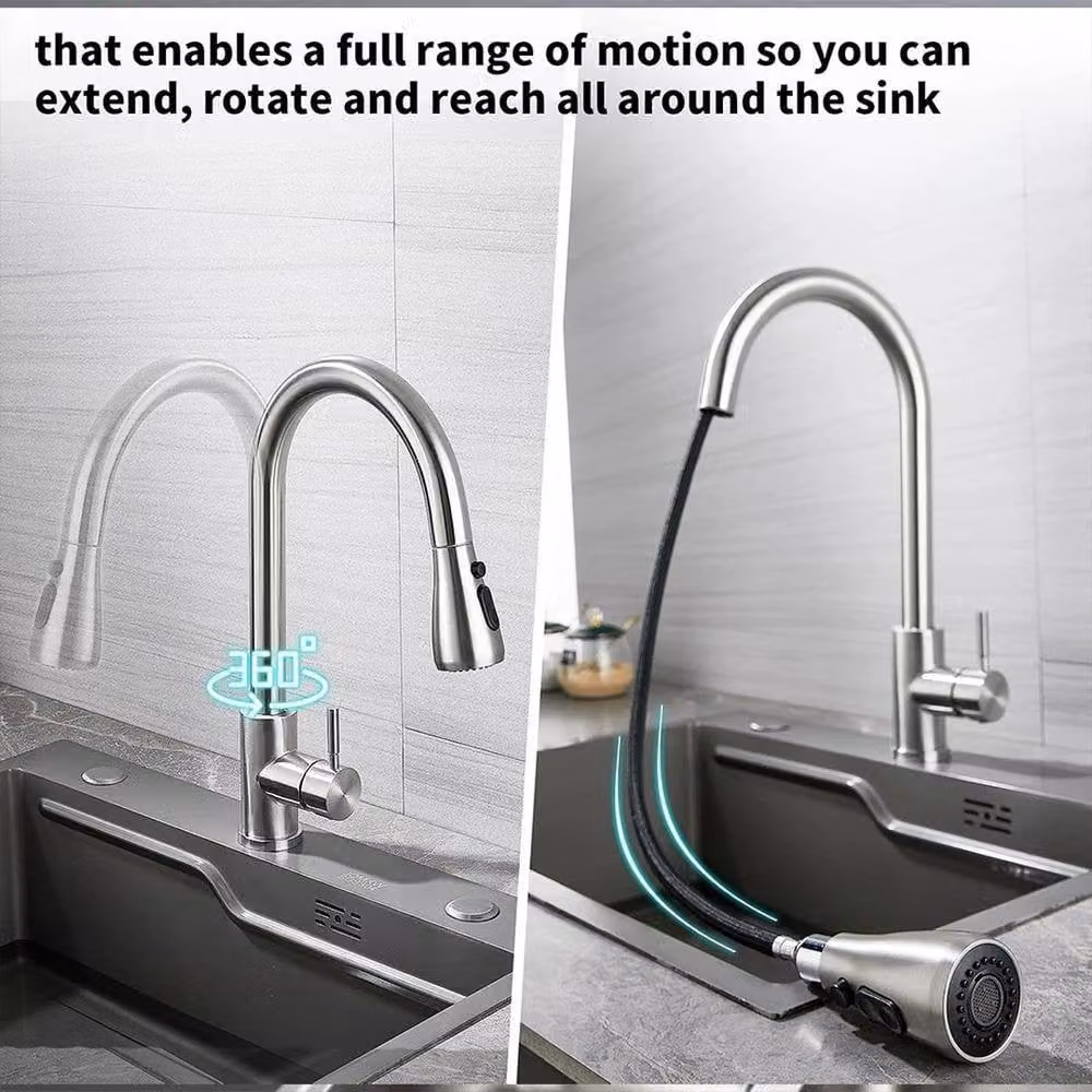 EONLION Silver Kitchen Sink Mixer Tap with Pull Out Spout and Spray Function in Brushed Steel – 4