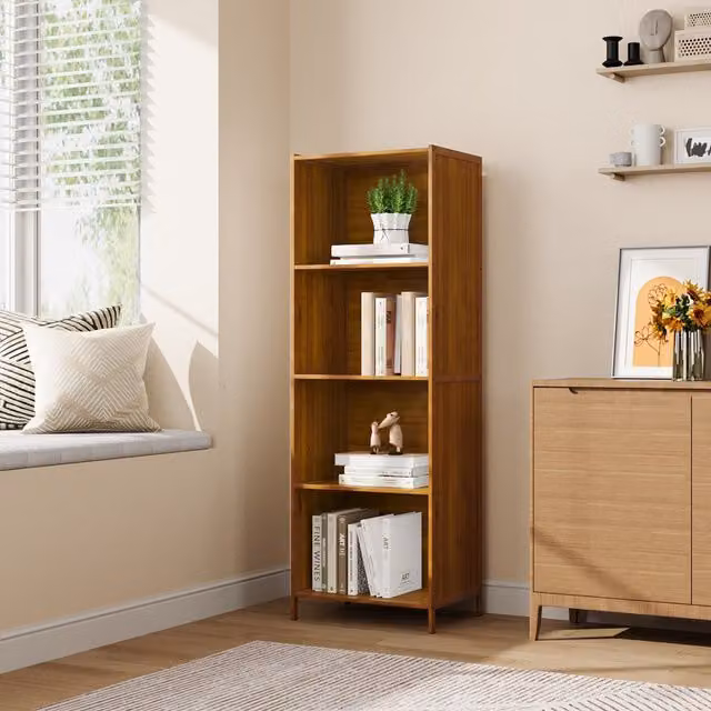 Livingandhome Modern Freestanding Corner Bamboo Bookcase in Beige, Brown and Multicolour, Height: 126 cm