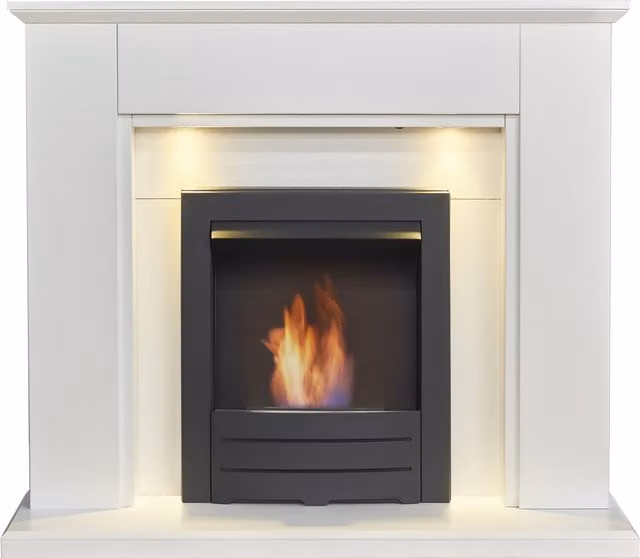Adam Fires & Fireplaces Eltham Wall Mounted Fireplace in Pure White with Downlights and Colorado Black Bio Ethanol Burner, 45 Inch, Grey