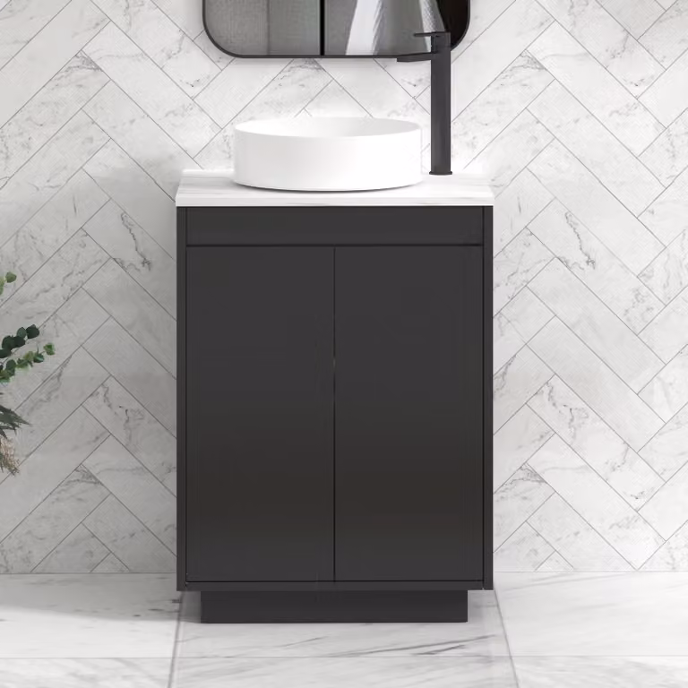 Royal Bathrooms Orion 600mm Matt Obsidian Black Floor Standing 2 Door Vanity Unit with Carrara White Undrilled Worktop and Black Accent Trim