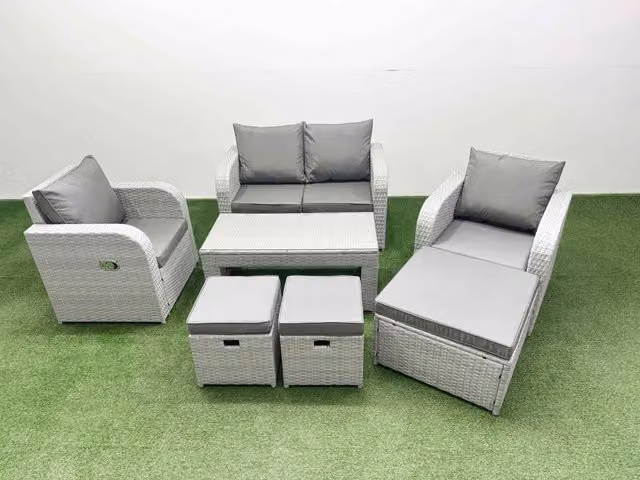 Fimous 7 Seater Grey PE Wicker Rattan Garden Furniture Set with Upholstered Cushions, 2 Seater Sofa, Armchair, Ottoman and Coffee Table