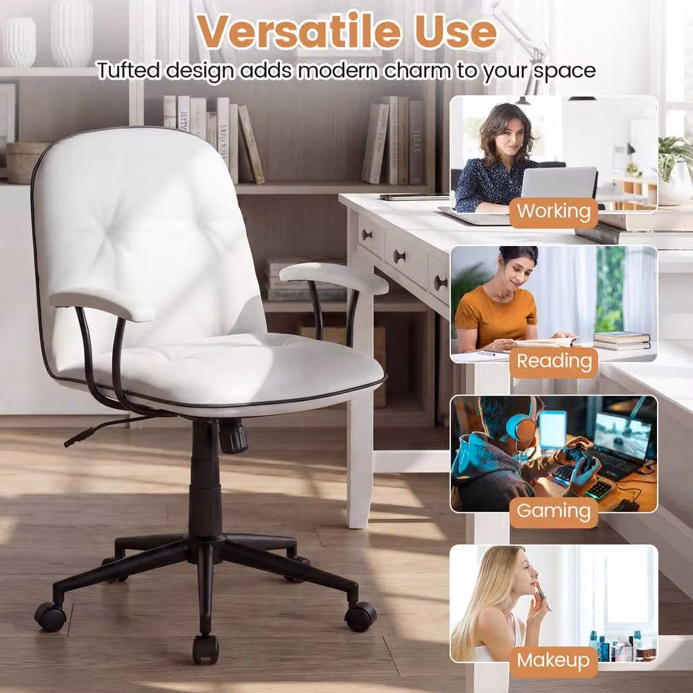 Costway White PU Leather Swivel Home Office Desk and Makeup Vanity Chair – 5