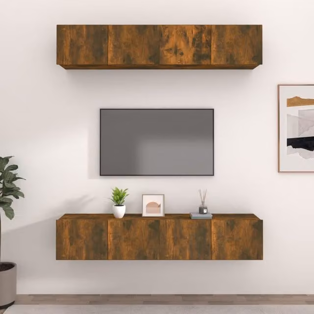 Berkfield Home Set of 4 Smoked Oak Wall Mounted TV Cabinets in Brown, W/D/H: 80 x 30 x 30 cm