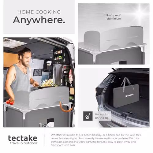 tectake Portable Camping Kitchen in Grey with Aluminium Frame, 2 Shelves, 3 External Pockets, Heat-Resistant Worktop and Zipped Door, W/D/H: 107 x 53.5 x 76 cm – 7
