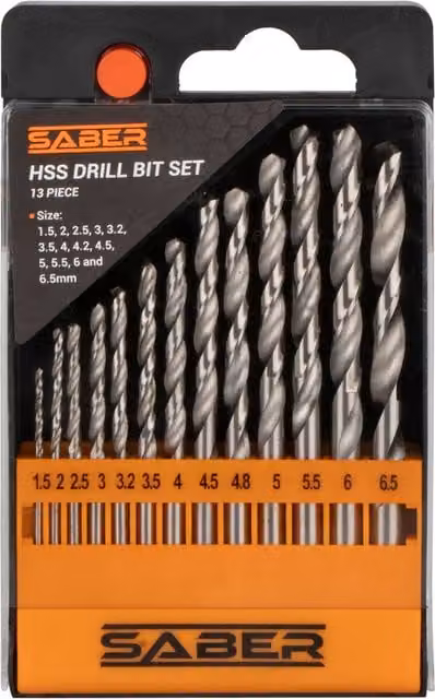 Saber 13 Piece HSS Stainless Steel Twist Drill Bit Set, Silver, 1.5-6.5mm