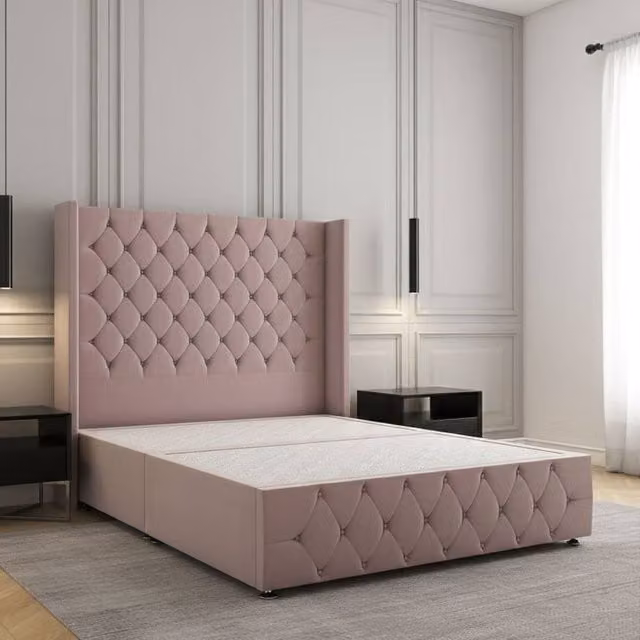 REGIONAL FURNISHINGS Plush Velvet Double Divan Bed with Headboard and Footboard in Pink, W/D/H: 140 x 200 cm