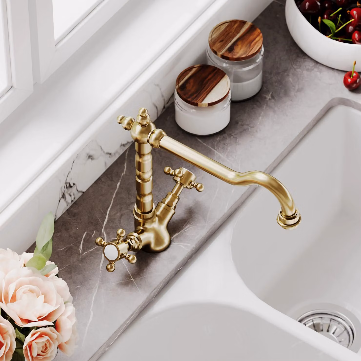 Balterley Traditional French Classic Kitchen Sink Mono Mixer Tap in Brushed Brass with Two Handles and Swivel Spout, H: 28.7 cm, W: 16.5 cm, D: 24.5 cm – 3