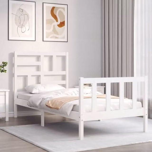 Berkfield Home Beautiful Single Solid Pine Wood Bed Frame with Headboard, White, W/D/H: 90 x 190 cm – 1