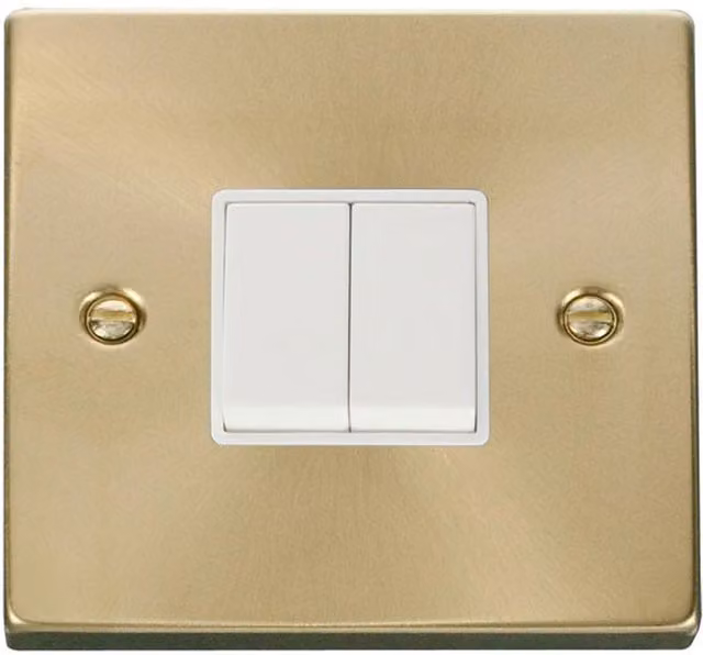 SE HOME White 2 Gang 2 Way Surface Mounted Light Switch with Brushed Brass Plate