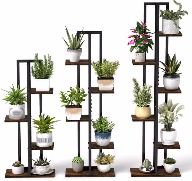 Gymax 3 Pack Corner Plant Stand Set in Brown, Featuring 4, 5 and 6-Tier Metal and Wood Racks – 1