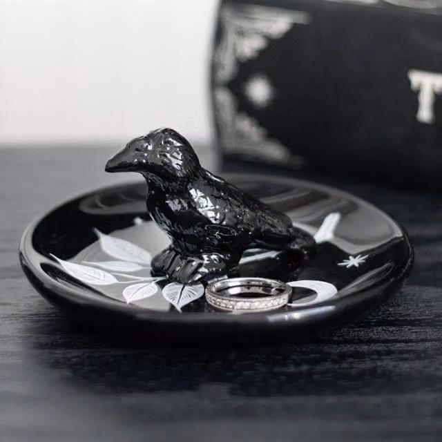 KDMK Mystic Raven Gothic Moon Ceramic Trinket Dish and Jewelry Holder, Black and White