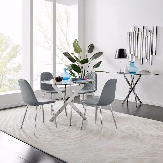 FurnitureboxUK Novara Round Clear Glass Dining Table with 4 Grey Faux Leather Corona Chairs and Chrome Legs – 1