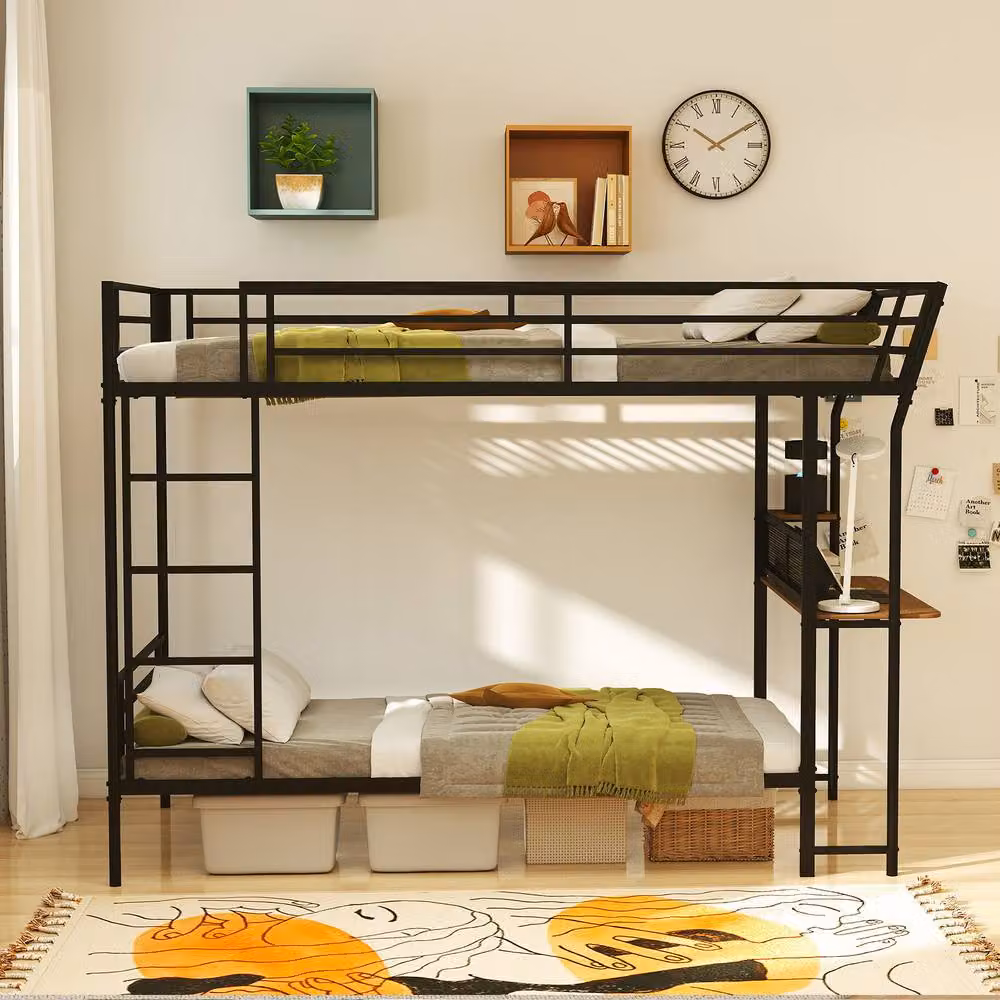 Gymax Metal Single Loft Bed with Desk and Ladder in Black, 90 x 190 cm – 3