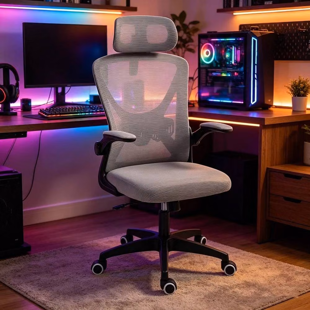 Kelvenix Silver Ergonomic Mesh Home Office Chair with Headrest and Armrests in Grey – 4