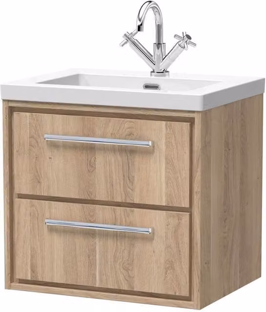 Balterley Longnor 2 Drawer Wall Hung Vanity Basin Unit, Light Oak, Brown, Width: 60 cm