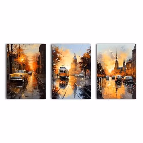 Simpa Day Break 3 Panel Canvas Wall Art in Gold and Multicolour Landscape Illustration