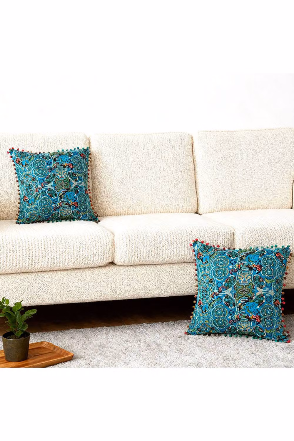 Living and Home Pack of 2 Blue Exotic Pattern Linen Throw Pillows with Inserts, W/D/H: 45 x 45 x 45 cm – 2