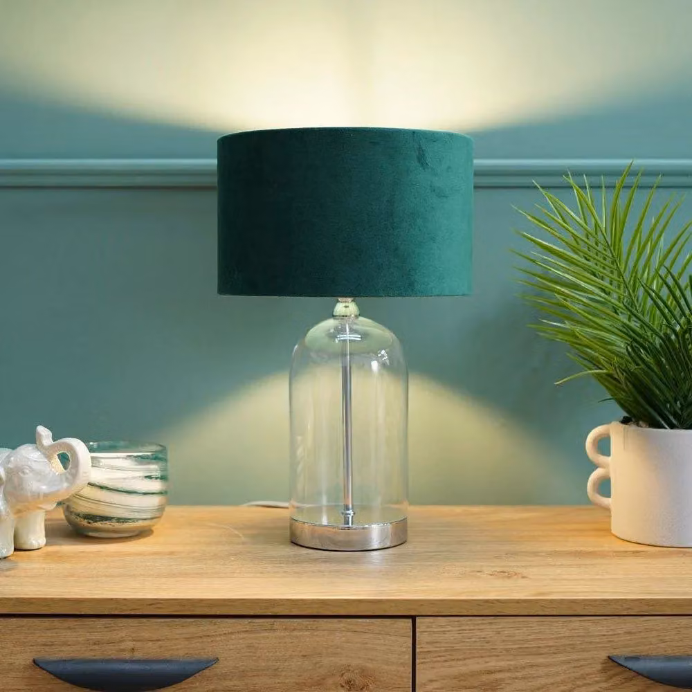 ValueLights Jessy Chrome and Glass Table Lamp with Forest Green Fabric Shade in Silver – 3